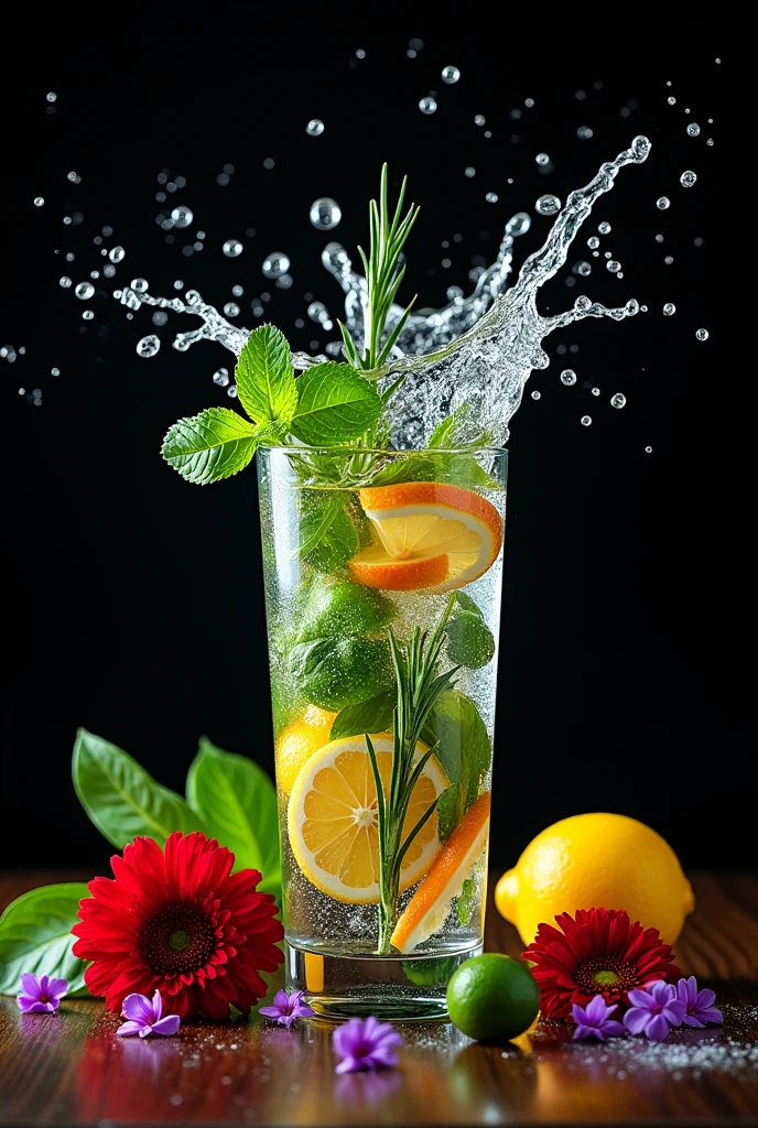 (Movie-like photos:1.3) of (Realistic:1.3) a studio shot of a (explode:0.2) (Low gravity of fruit:1.1) (Splash:0.9) A glass of water with lots of herbs, Mint, basil and rosemary、Contains lemon and lime, Splash Image, Full Color, In Kamba, splashes of liquid, Drink, Mint and basil and flower, Next to lemon and lime and flower, Strong colors, ticker, Invoking joy, Water swirls, Fred Marcellin, Top selection when splash is removed, professional food photography, Artistic photography. Black background,Red and purple flowers on the table
