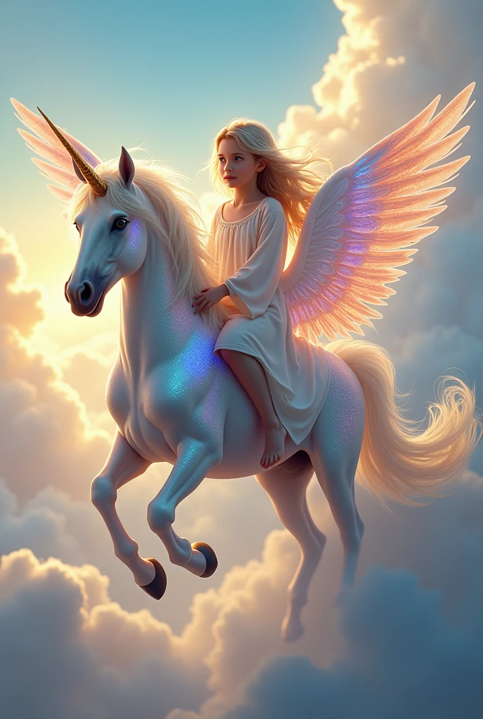 A white unicorn under a pastel rainbow sky, smiling fairies flying around the unicorn, a heart overflowing, joy, happiness, Pegasus with golden hair standing, sacred, beautiful Hills, flowers, clouds, shooting stars, fine grains of light, perfect lighting