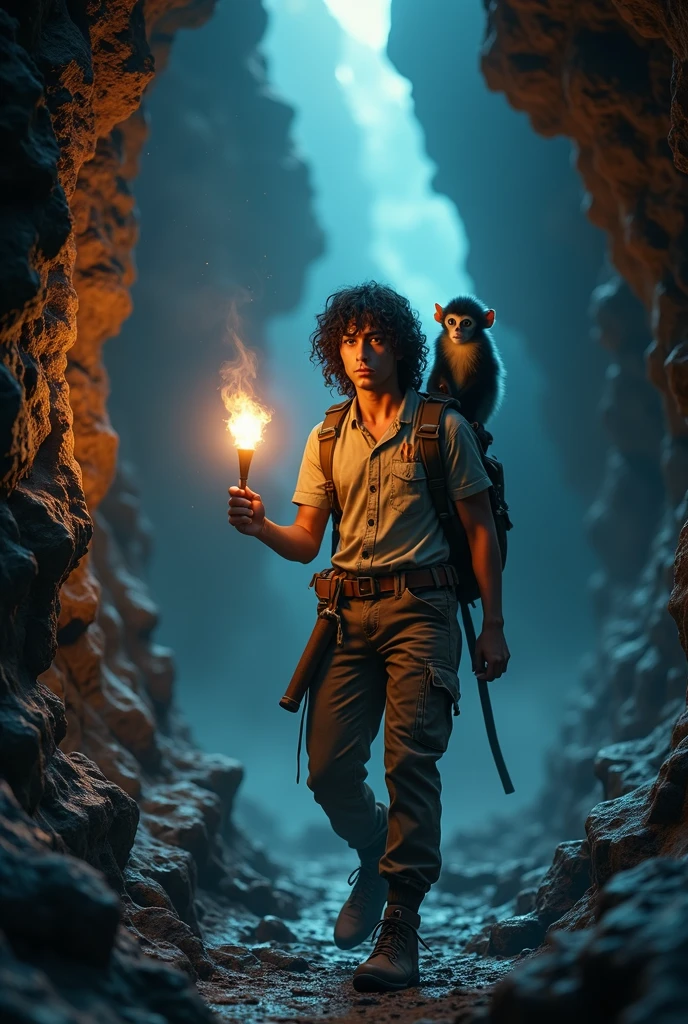 A twenty-five-year-old man, with black hair, curly and long to the shoulders. green eyes. walks through a dark cave with a torch in his hand. On his shoulder is a small blue-furred pygmy monkey.. photorealistic