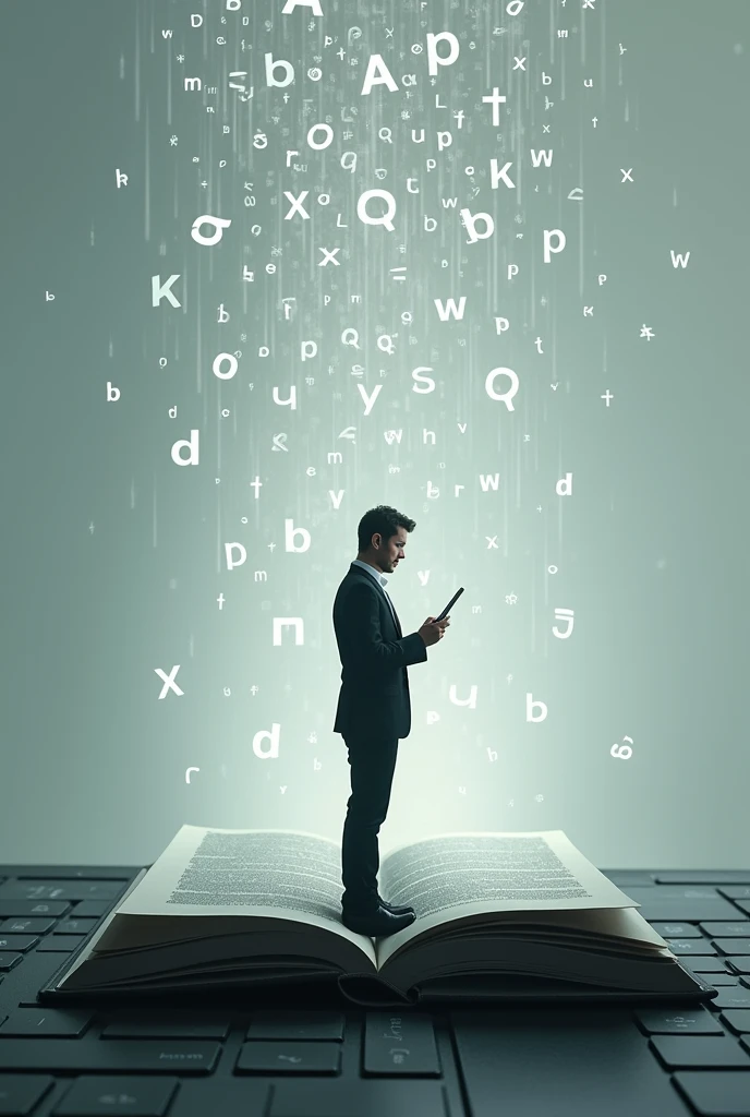 A complex image with a simple big meaning, letters falling on digital on a computer keyboard , a man standing on a book holding a tab