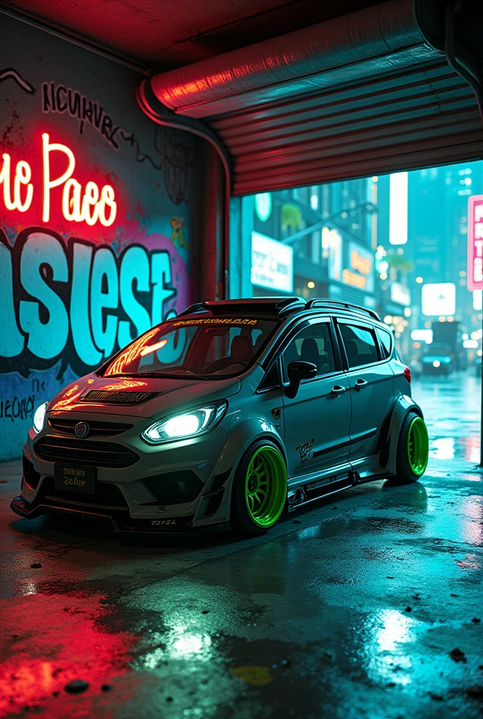 can u create a "MULTIPLA" with bodykit in a garage all full of graffiti walls and the door of the garage is open u can see the midnight neon light city with green wheels smoking