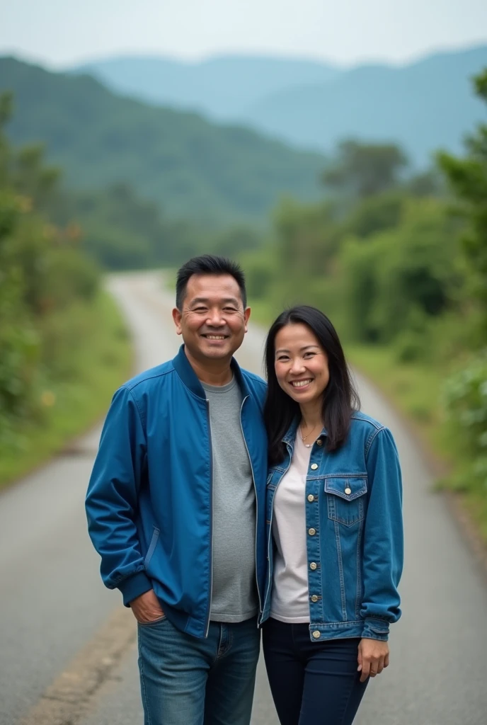 Real pinoy couple wearing blue jacket standing back road blurd