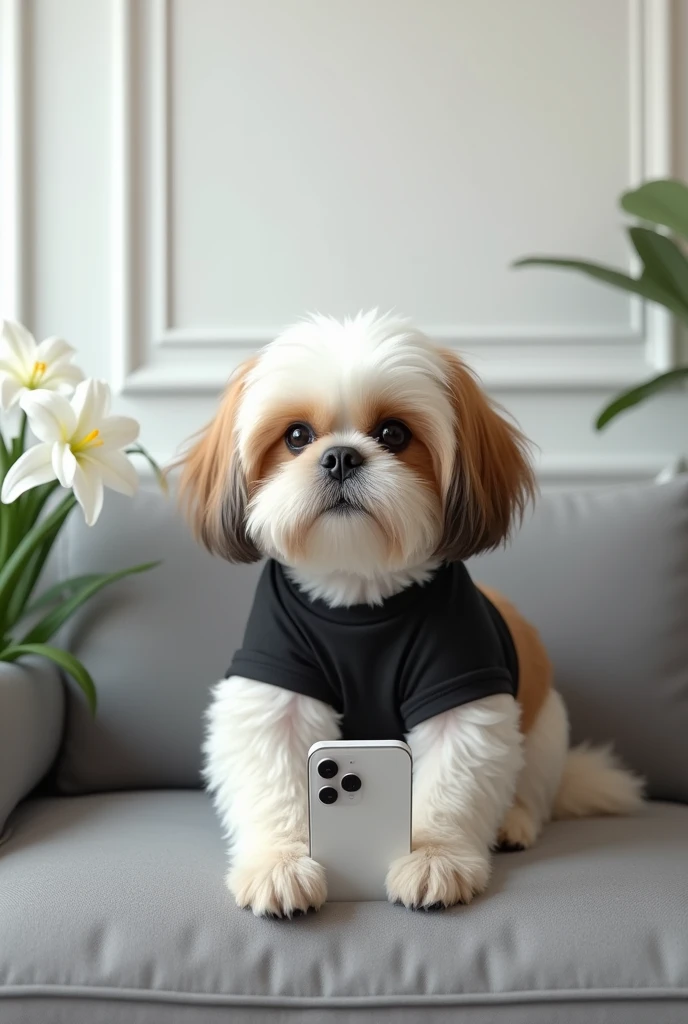 create a realistic photo of a white caramel and brown shitzu dog smiling with a black t-shirt, sitting on the couch looking at the white iphone 15 pro max cell phone in his hands.  arms lowered, the cell phone only appears at a glance, he is looking at the cell phone and shows him in full body sitting like a human, a minimalist room, grey sofa, white wall behind with white boiserie and a lily plant with white flowers next to it 
