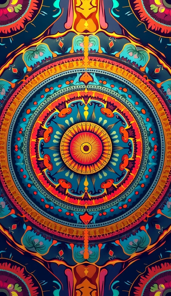 A full hd android wallpaper on colorful, detailed and elaborated mandala illustration on Hindu symbols in vedic style and circular form