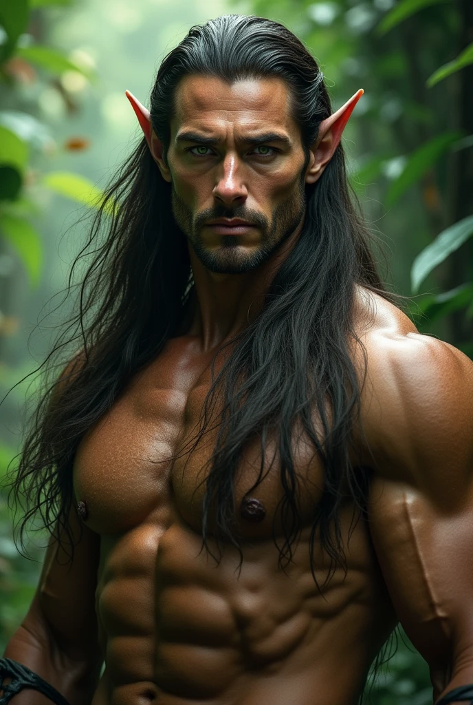 Long-haired elf with green eyes, tall and extremely handsome man, with muscles and approximately 40 years old