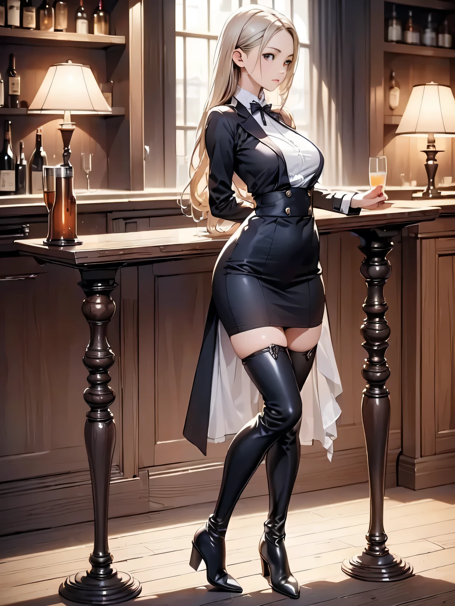 (masterpiece:1.3),(best quality, highest quality),((Full Body Shot,Including face)),1girl,Standing position,4K,masterpiece,((Focus on the face)),((Symmetrical facial features)),Beautiful woman,slender,Beautiful feet,((Thigh-high boots)),Detailed depiction of the face,bar counter,Cafe clerk uniform,Realistic,profile,