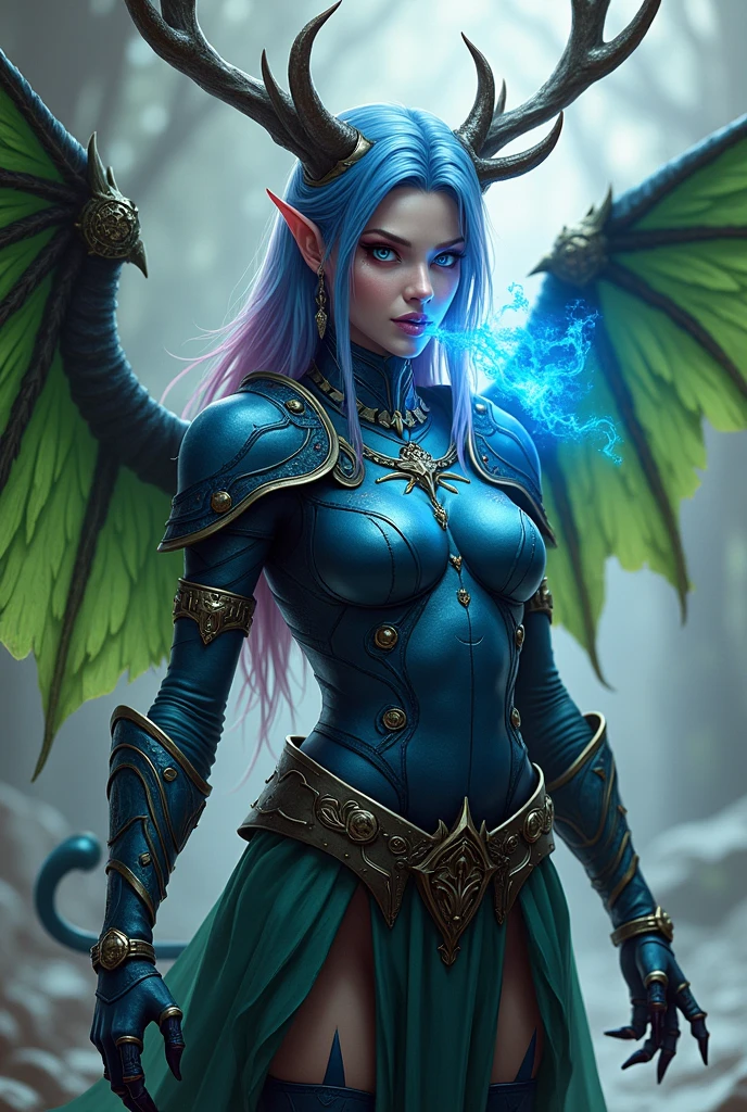 A woman wearing blue armor that covers her body with green details,Her armor is not sexy and she has blue hair and the tips of her hair are pink, she has deer antlers, one eye is blue and the other is brown, she has green wings and has a lion's tail, Her hands have black, jagged nails and she breathes blue fire and has vampire fangs and black lips.