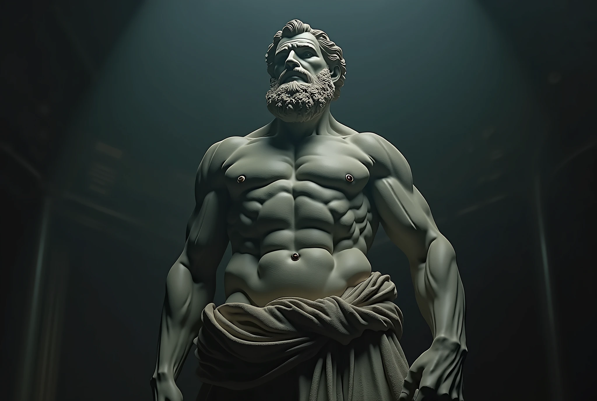 A stoic statue in 4k stoic statue from Greece 8k movie with Hercules style and dark background pensive
