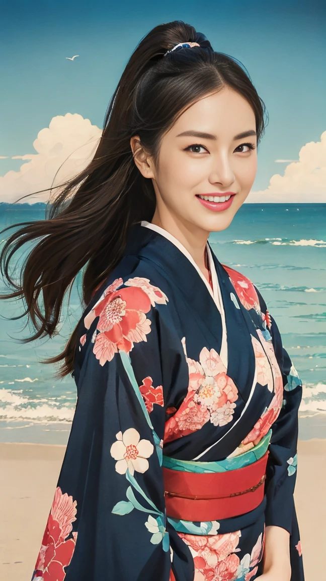 (SeaArt creates stunning illustrations of beautiful women in kimono)、Vividly colored Japanese Ukiyo-e style illustrations、A beautiful woman smiles and shows her upper white teeth、Brown-black long hair、Beautiful full body style、If you want to dance, let&#39;s dance, Tokyo Ondo, Yoi Yoi、Beautiful new digital paintings,、Bright vibrant digital anime art、 Beautiful anime portraits、background,Torii gate front of Japanese shrine、 Detailed digital anime art、