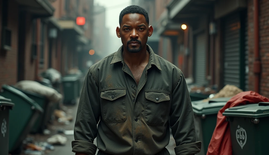 Will Smith in a gritty, urban alley, dressed in a garbage collector's uniform, surrounded by overflowing trash cans under dim streetlights."