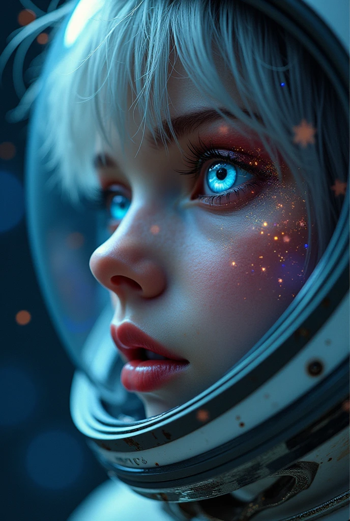 (Close-up of a better masterpiece:1.5)0.9], (Space and astronauts:1.2) (Messy silver hair:1.1) (Heterochromia xanthochromia and blue eyes:1.2) (Space Helmet:1.0) (Colored stars in the eyes:1.0) (A radiant glow:1.1) (thick lips:0.9)