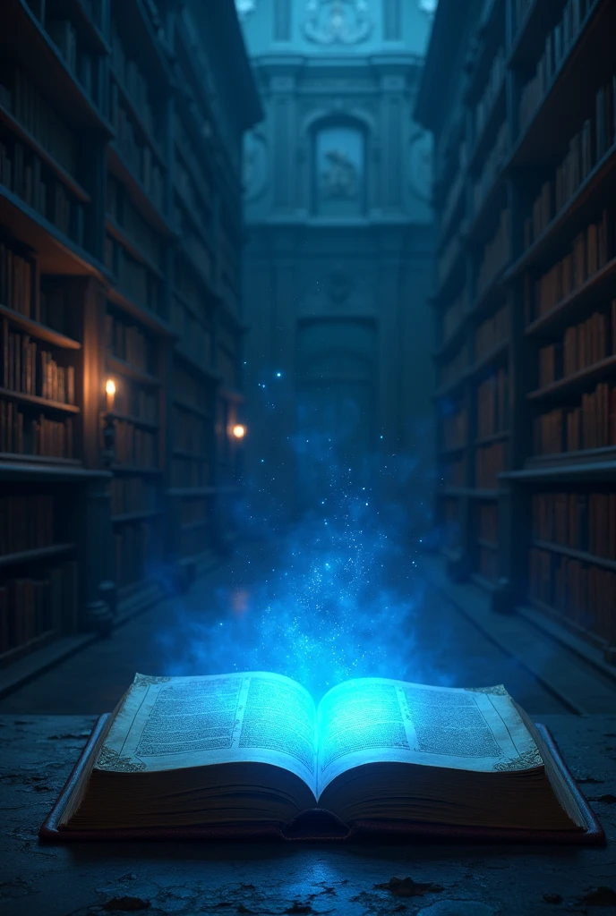 Make a background of a dark library with very book's and a book in the center imitating a blue light Magical and mystical, luminous details