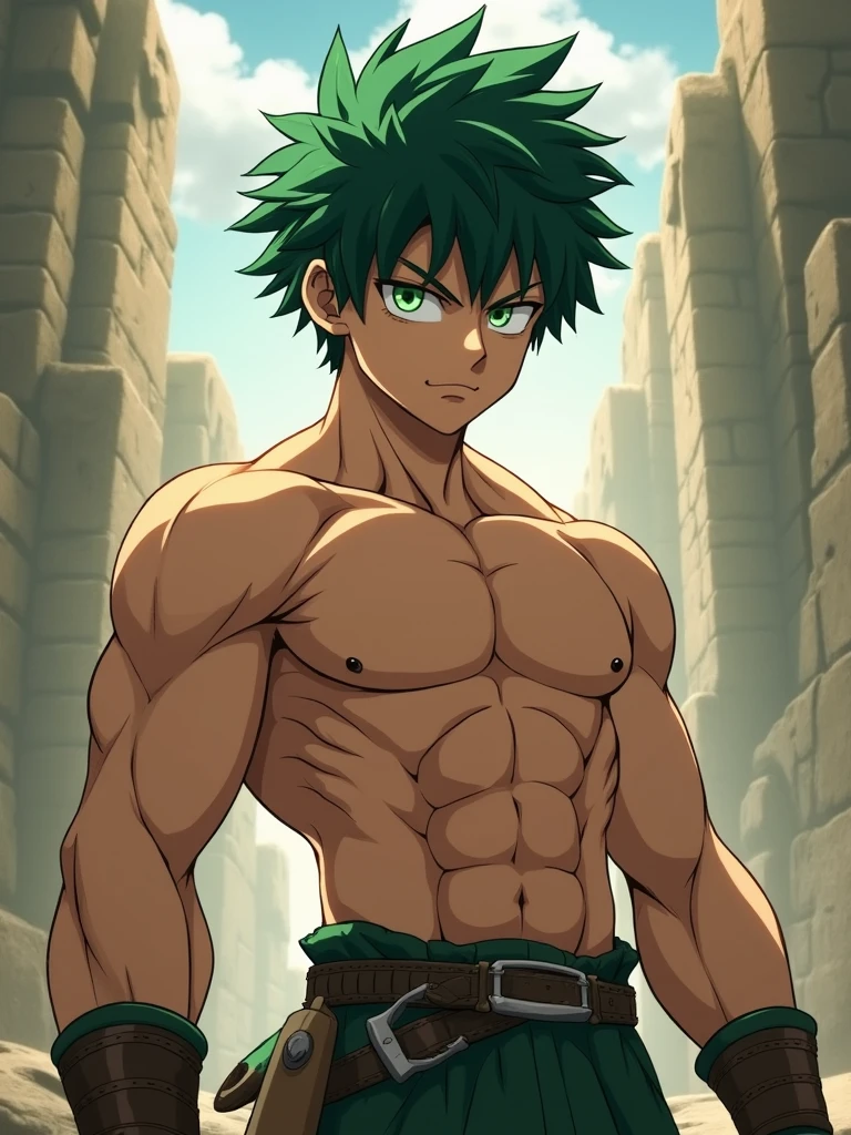 spartan, shirtless boy Midoriya Izuku, , uninflated athletic physique, green hair, green eyes.