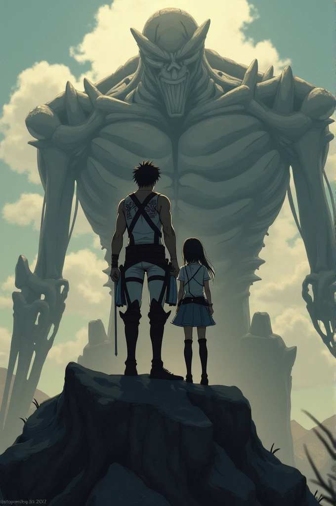 Eren Jaeger stand on founding Titan with Mikasa