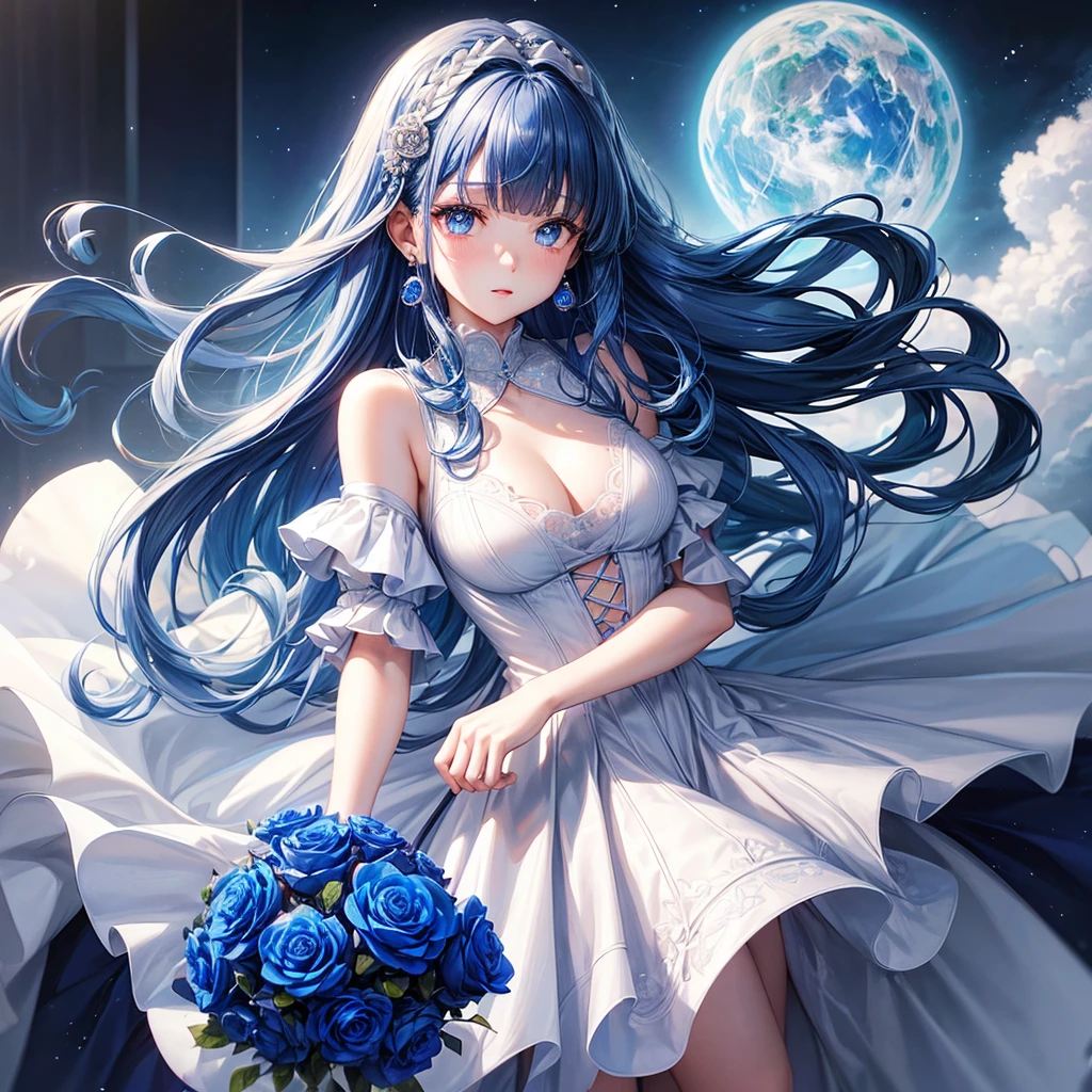 ((Highest quality)),(Ultra-high resolution),Flared skirt dress,High neck、The material of the dress is deep blue rose、Highly detailed CG Unity 8k wallpaper, , Earrings, Blue hair, Curly Hair, Blunt bangs, Straight bangs, Blue eyes, White skin, Gal, Improve、Her flat chest is hidden by her dress