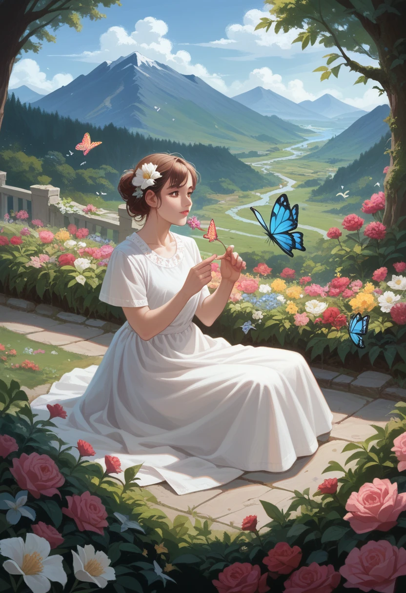 teenage girl, playing with butterflies, mountain flower garden, surrounded by nature, enjoying the moment