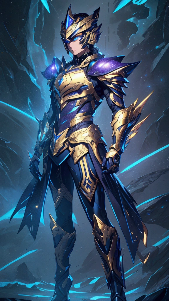 It's a man. The image presents a highly detailed and futuristic armor designed for a male warrior. The armor combines elements from different parts to create a cohesive and powerful look. Helmet: The helmet features a sleek, aerodynamic design with a golden metallic finish. It has a central crest that rises upwards, and the visor glows with a bright blue light, giving it a high-tech, futuristic appearance. Pauldrons (Shoulder Pads): The shoulder pads are designed to be close to the chest, with angular lines extending smoothly toward the shoulders. They have a polished golden finish and curve elegantly upward, creating a harmonious transition between the chest and shoulders, while providing a majestic and protective look. Chest Plate: The chest plate is intricately segmented, with a combination of gold and dark metallic blue. It has a gem-like crystal in the center that emits a soft, mystical glow. The design of the chest plate is both protective and regal, with sharp, angular lines that add to the overall futuristic aesthetic. Arm Guards: The arm guards are sleek and streamlined, with articulated golden and purple segments that offer flexibility and protection. The design of the gauntlets is both robust and elegant, incorporating futuristic elements that blend with the classic style. Leg Armor: The legs are armored with segmented plates that are primarily gold and purple. The boots are angular and sturdy, with a design that conveys both strength and agility. The overall look of the leg armor is grounded yet sleek, completing the ensemble with a powerful stance. The background of the image is a dark cosmic scene, filled with distant stars and nebulae that highlight the polished surfaces of the armor. Dynamic lighting is used to emphasize the key features, particularly the glowing visor and central chest gem, reinforcing the mystical and imposing nature of the warrior.