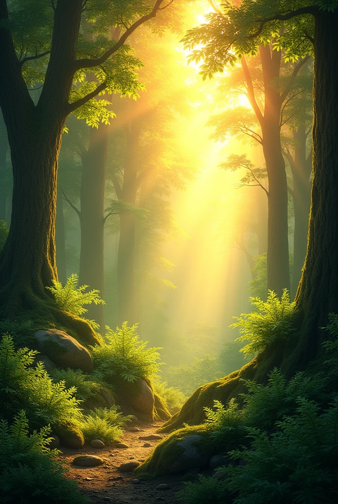 forest with yellow light in the background