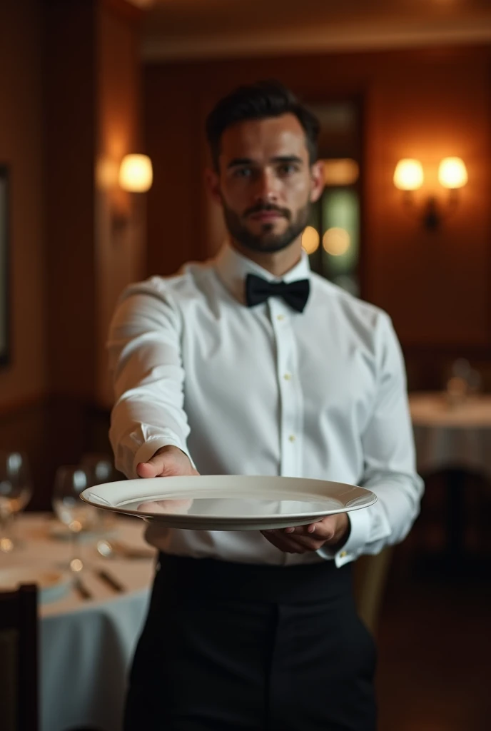 A waiter serving a empty plate neare camera