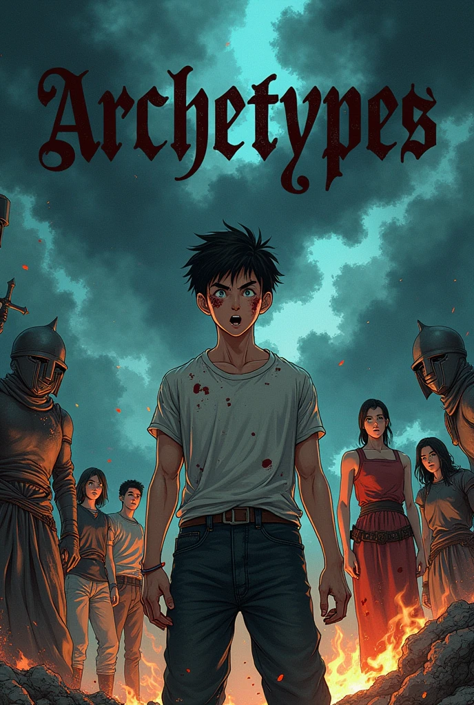 Anime manga version drawn in the style of Dragon Ball Z Majin saga, A manga cover features a young protagonist in the foreground, with an expression of shock. He has short dark hair, is muscular, and is dressed in simple, worn clothes. There are blood stains on his face and clothes, suggesting a recent battle or violent event. Behind him, several other characters appear, some with expressions of determination, others with fear. The background is dark and gloomy, with dark clouds swirling around, creating a threatening and tense atmosphere. At the top of the image, The title "Archetypes" is written in large, striking letters, reinforcing the importance of the name on the cover. fire, deaths, village on fire, knights destroying and killing people in the village
