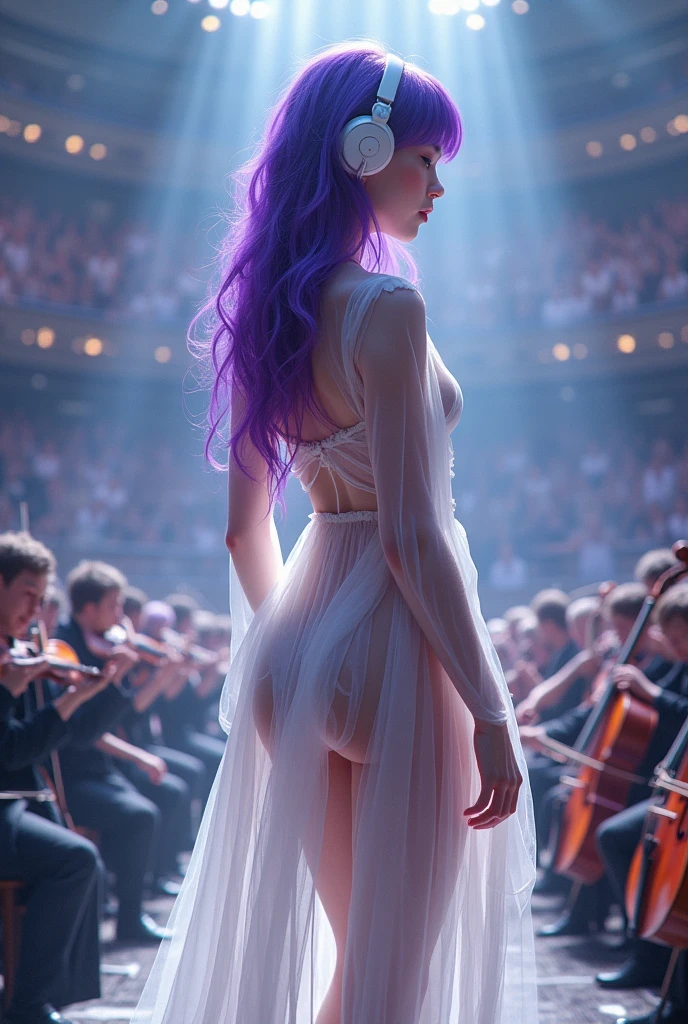Korean purple hair butterfly woman with headphone and white outfit thin transparent costumes with orchestra instrument transparent costume orchestra stage background and apocalyptic costume holding instrument and sexy outfit elegant and transparent and white thin costume and orchestra auditorium background