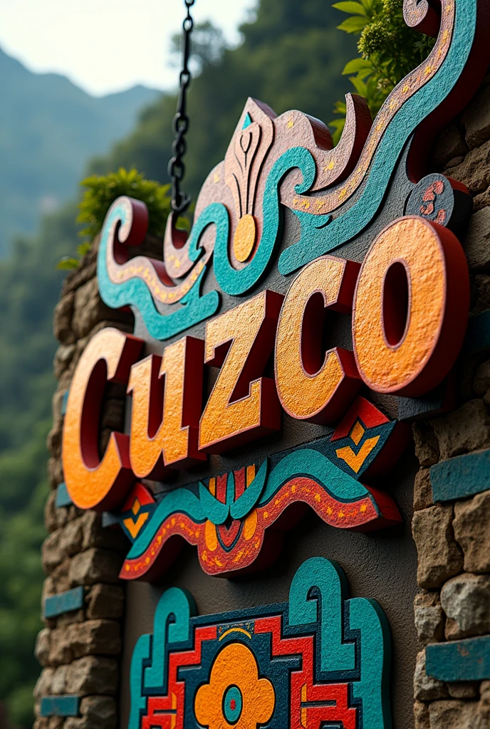 Cuzco sign in colorful Inca typography
