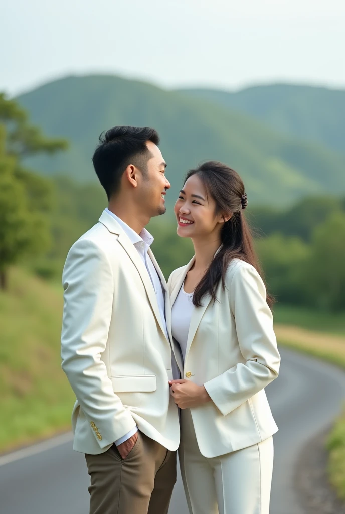 Real pinoy couple wearing white jacket standing back road blurd