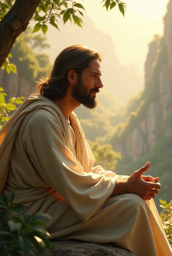 "Create a serene and reverent image of Jesus alone, depicted in a moment of contemplation or prayer. Show Jesus in traditional attire, with a gentle and compassionate expression, set against a tranquil and uplifting background. The background could feature a peaceful natural landscape, such as a quiet garden or a serene mountain setting, bathed in soft, warm light that emphasizes a sense of calm and divinity. The overall mood should convey solitude, grace, and the profound sense of Jesus’ presence and connection with the divine."