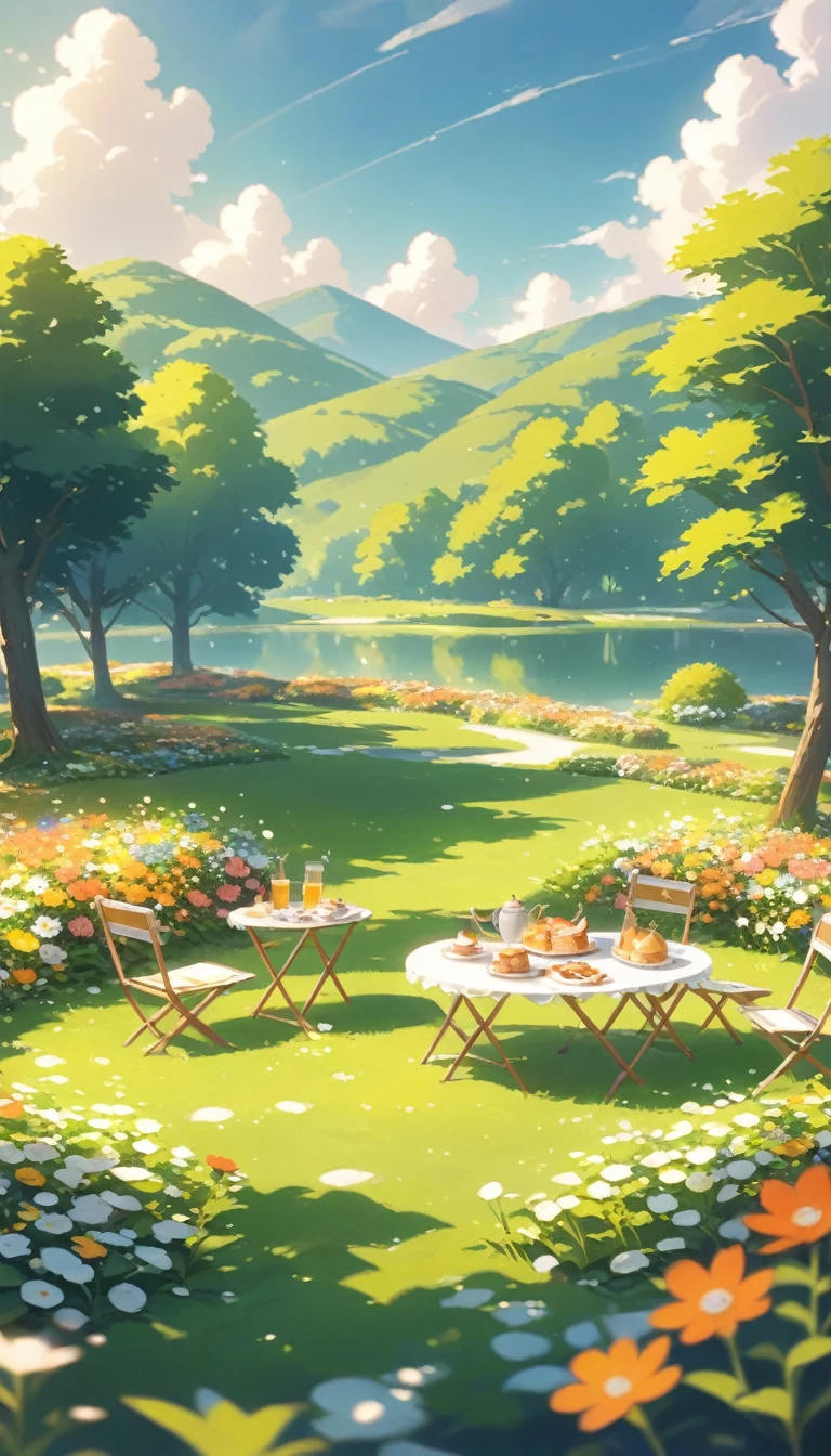ultrawide landscape Afternoon Tea, Flower garden Cozy,Orange Pink ,picnic , There are no human characters,No people