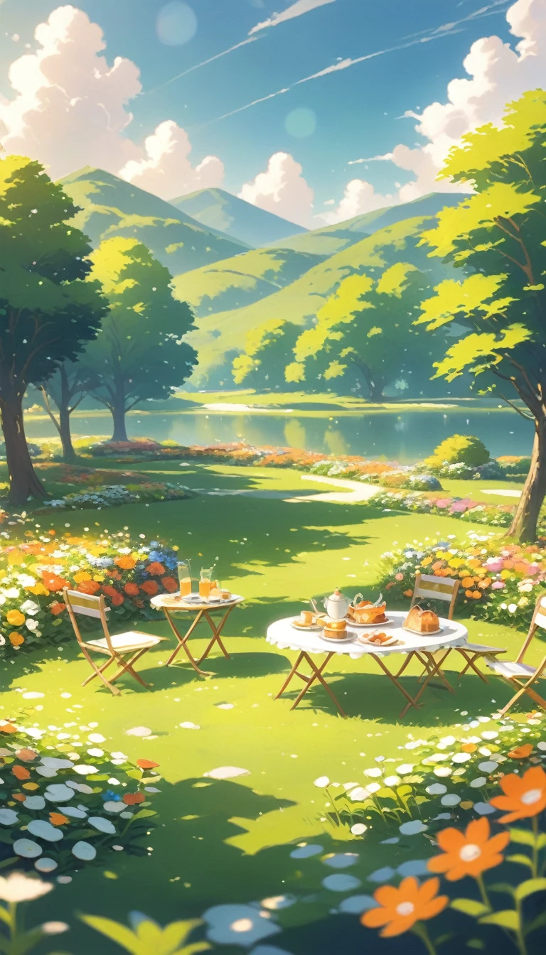ultrawide landscape Afternoon Tea, Flower garden Cozy,Orange Pink ,picnic , There are no human characters,No people