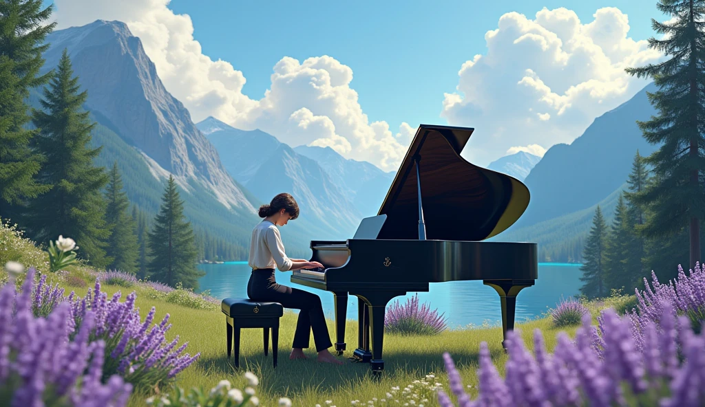 A pianist plays a grand piano in the middle of a forest, surrounded by lavender and gardenia, purple background, distant mountains, gentle sea breeze, fresh color scheme, shallow depth of field composition, natural light, soft tones, huge fluffy clouds, masterpiece digital art, vibrant colors
