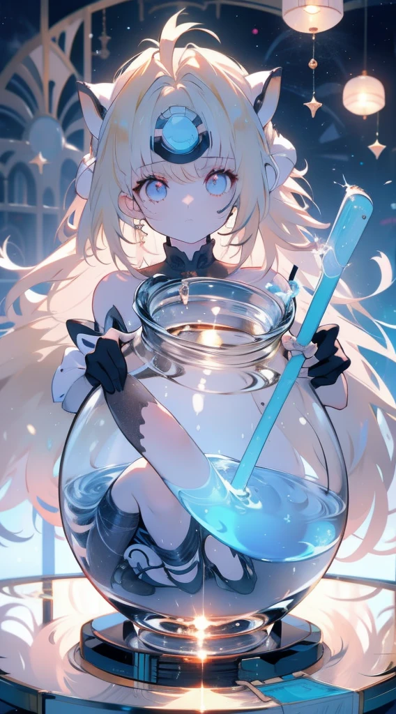 （（（（（(inside jar)））））））、one-girl, full bodyesbian, solo, girl in jar、adolable、small, A piece of, Blonde hair, long whitr hair, double tails, eBlue eyes, Eau, Eau泡