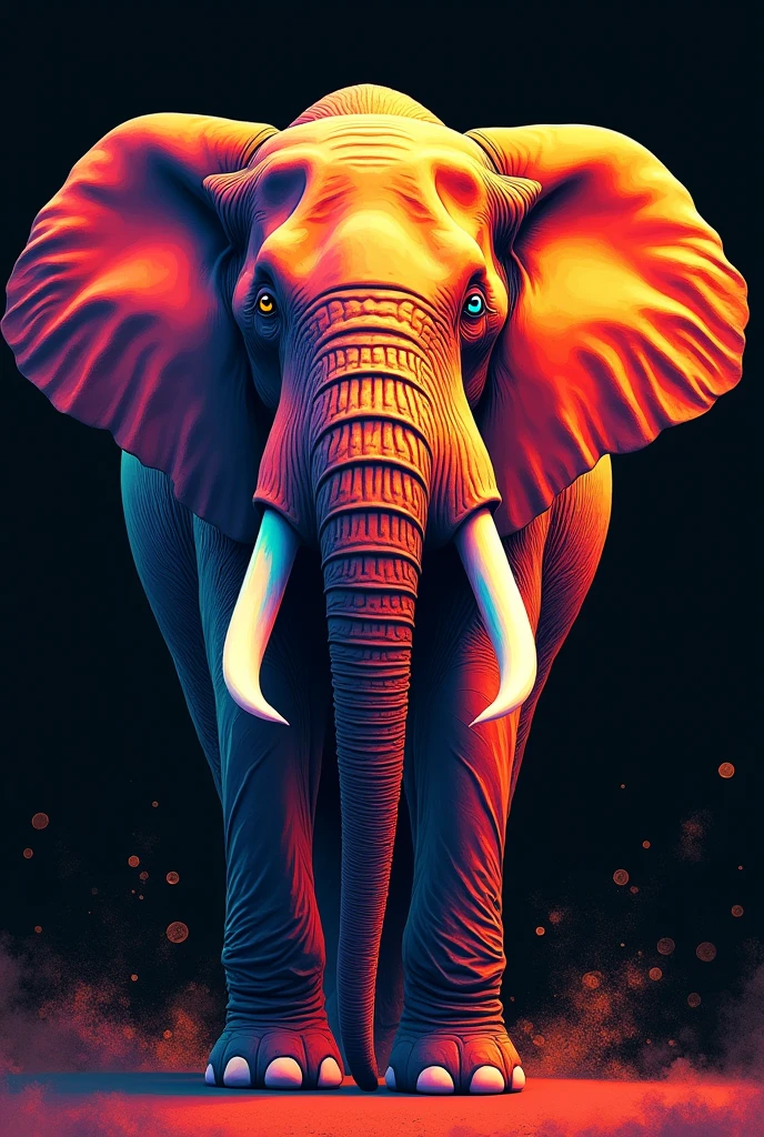 paint an giant elephant walking forward whit black background, furrowed brow, multicolored eyes, Color Field painting, Art Deco, motion blur, Eye-Level Shot, modern, Expressionism, Pointillism, chromatic aberration abuse
