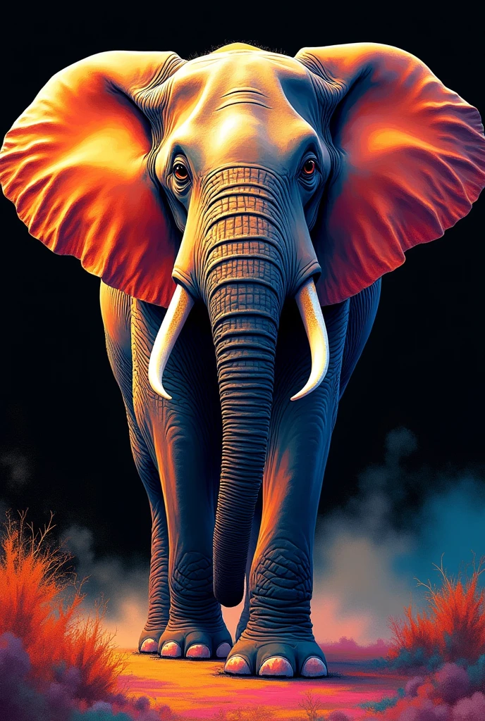 paint an giant elephant walking forward whit black background, furrowed brow, multicolored eyes, Color Field painting, Art Deco, motion blur, Eye-Level Shot, modern, Expressionism, Pointillism, chromatic aberration abuse