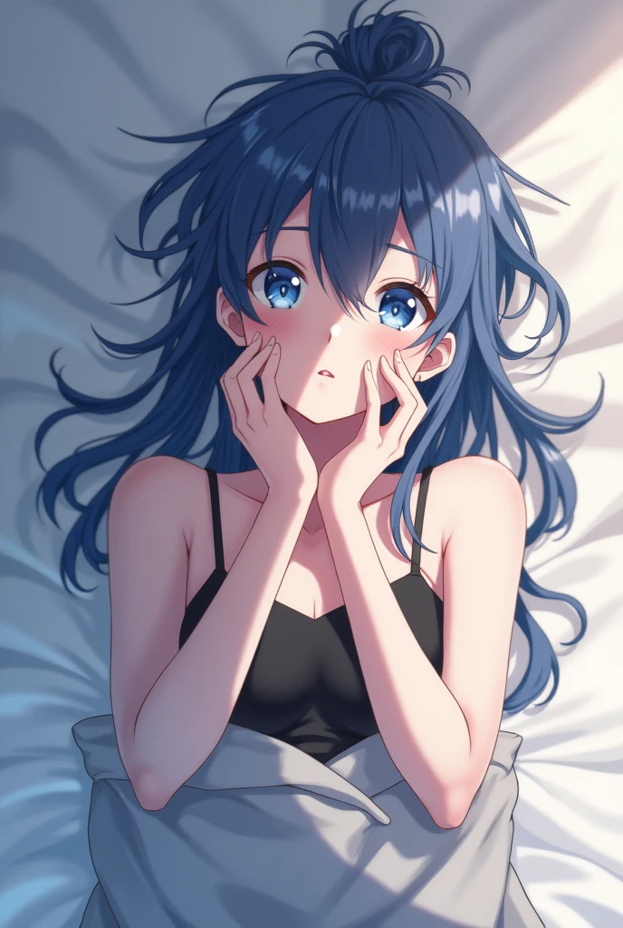 Alone female anime character, Messy bun hair and blue color, wearing a black bra, pose of raising both hands up and lying on your back