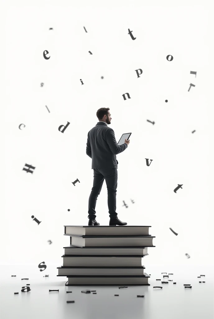 A complex image with a simple big meaning, letters falling on digital on a computer keyboard , a man standing on a book holding a tab white background