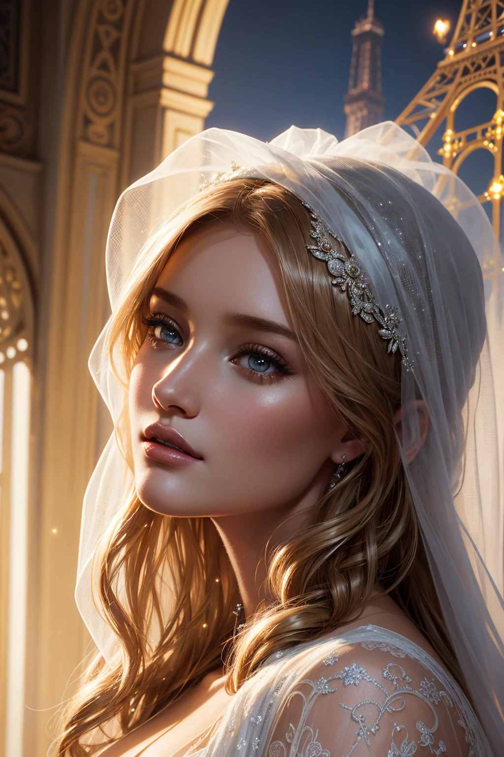 portrait Rosie Huntington Whiteley, wearing sexy veil bride outfit, against the background of the Eiffel Tower, 9 9 9 9 s, curly hair, intricate, elegant, highly detailed, digital painting, artstation, concept art, smooth, sharp focus, illustration, art by thomas kindkade, charlie bowater, artgerm, greg rutkowski, alphonse mucha and alexandra fomina, 36k, glittering, shining
