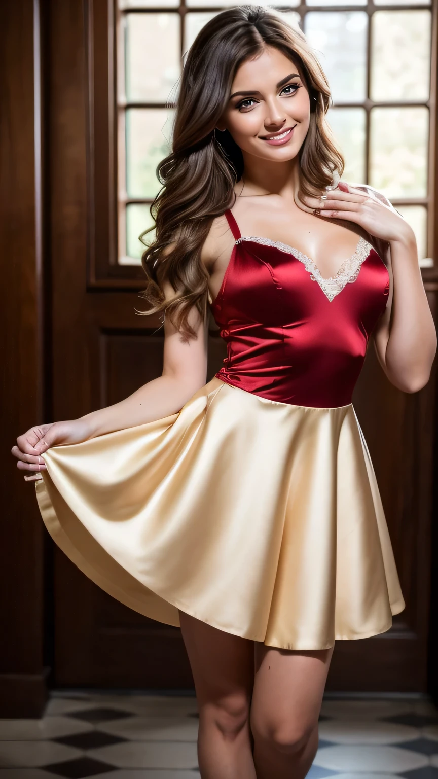 Realistic full body photo of a smiling brunette with long hair, She dances in front of the camera in a knee-length A-line dress with straps made of shiny red satin.., Park,glamour fotoshooting, Wedding celebration, perfect anatomy, perfect brown eyes. Perfect hands with 5 fingers on each hand, Matching girl, look into the camera, 1 Frau. (Eye make up:1.1), (highly detailed skin:1.1), spirit, analog style, keen focus, 8K UHD, dslr, good quality, Fujifilm XT3, Grain, Award-winning, masterpiece. Wedding celebration. She spins quickly in her beautiful knee-length dress and lets the skirt fly.