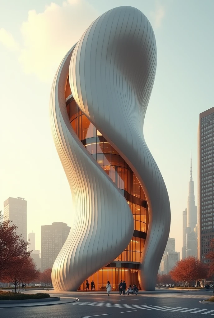 Design a unique and beautiful modern tower,Shaped like a coffee bean,It is important to keep the building in coffee shape,Dividing coffee beans with a curve. East has gone too far away from the true shape of the coffee bean,The line that separates the coffee beans into two parts is brown,One side has a viewpoint ,Modern look.
