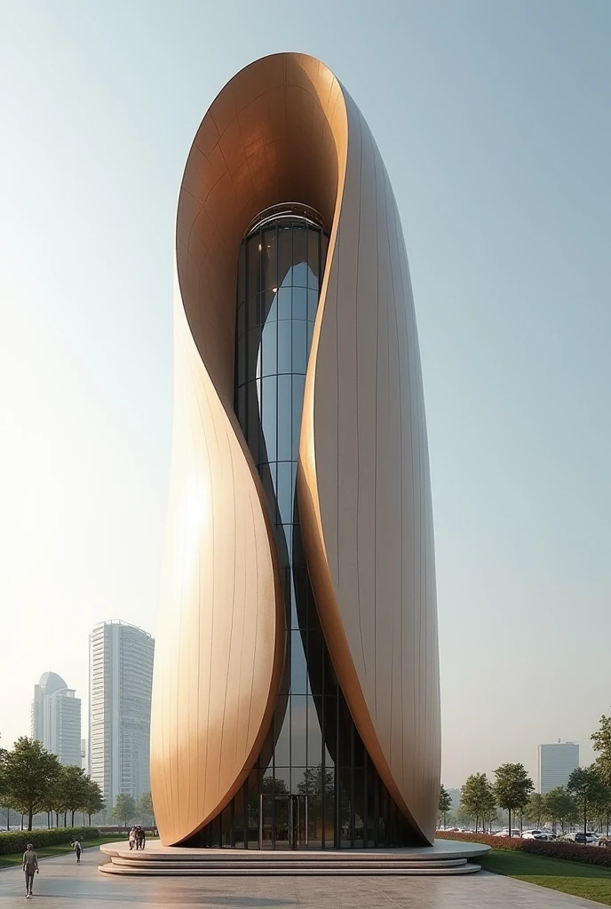 Design a unique and beautiful modern tower,Shaped like a coffee bean,It is important to keep the building in coffee shape,Dividing coffee beans with a curve. East has gone too far away from the true shape of the coffee bean,The line that separates the coffee beans into two parts is brown,One side has a viewpoint ,Modern look.