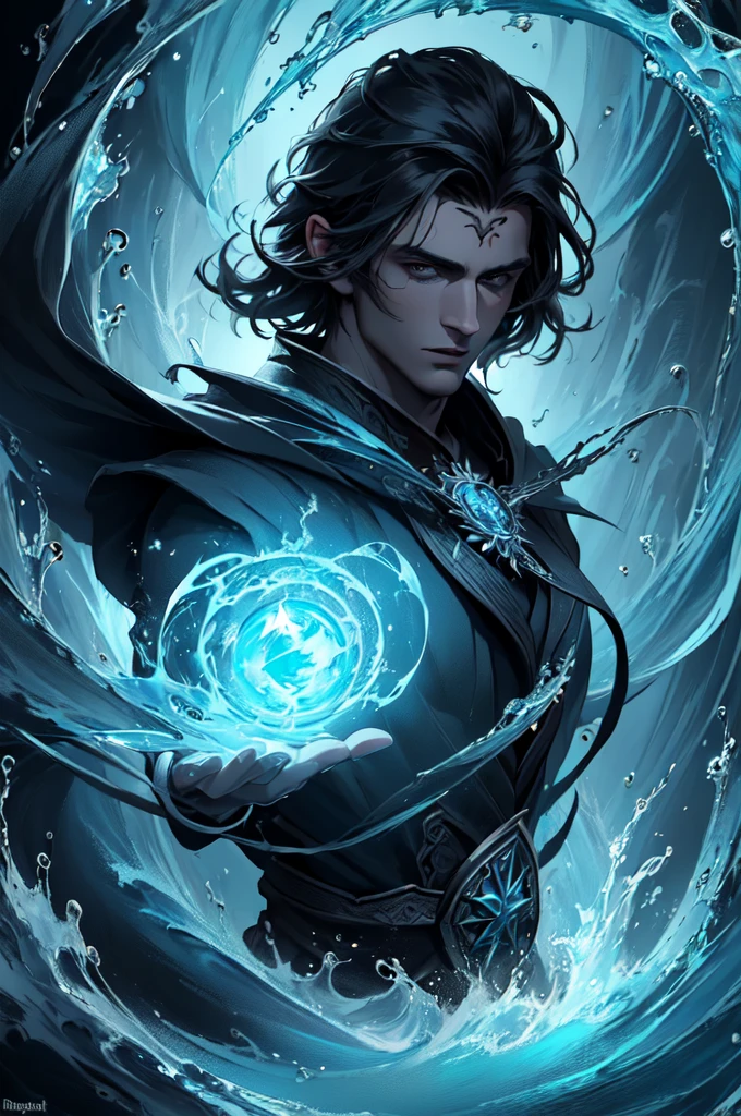 (masterpiece, best quality:1.4),(absurdres, highres, ultra detailed:1.2), (1 handsome man:1.4),(using dark magic:1.4),water magic,playful illustrations, imaginative overlays, artistic fusion,fantastical scenes, evocative narratives, striking visuals, upper body,