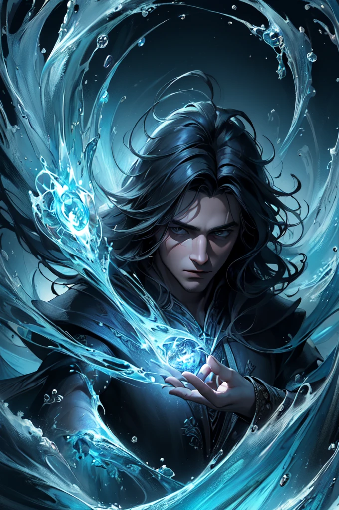 (masterpiece, best quality:1.4),(absurdres, highres, ultra detailed:1.2), (1 handsome man:1.4),(using dark magic:1.4),water magic,playful illustrations, imaginative overlays, artistic fusion,fantastical scenes, evocative narratives, striking visuals, upper body,
