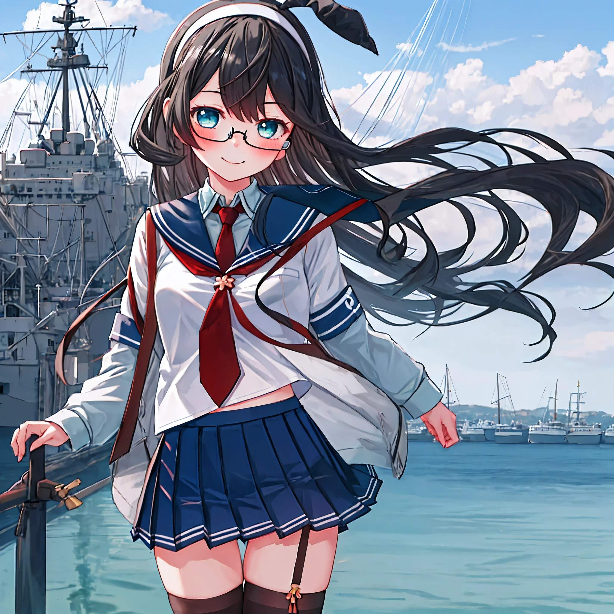 best quality, masterpiece, highres, solo, {ooyodo_kantaicollection:1.15}, black_hair, long_hair, glasses, hairband, semi-rimless_eyewear, under-rim_eyewear, blue_eyes, green_eyes, blush,small_breasts, 1girl, school_uniform, serafuku, pleats_skirt, looking_at_viewer, necktie, harbor_town_background, red_necktie,(angry:0.7),smile,,thigh-highs,solo