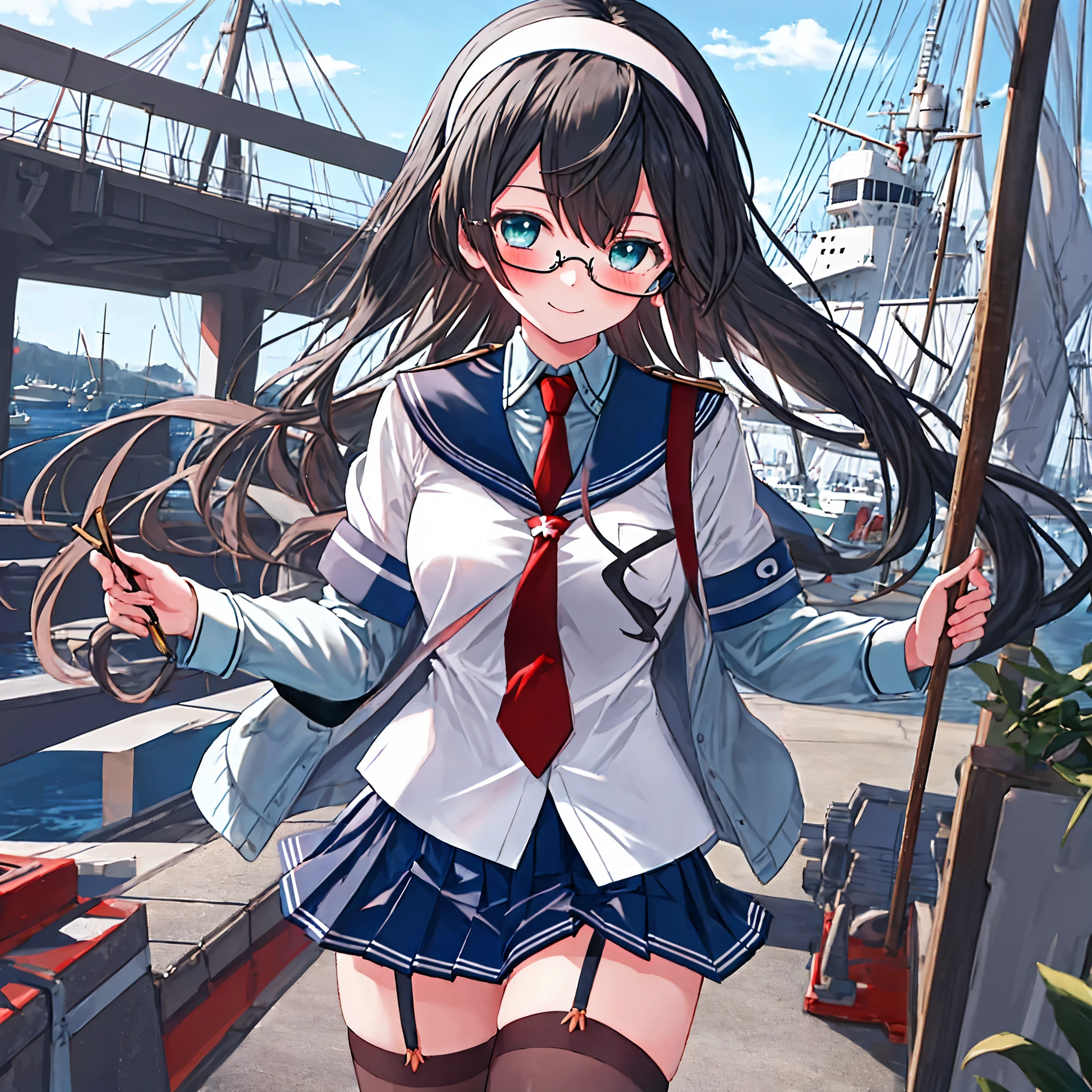 best quality, masterpiece, highres, solo, {ooyodo_kantaicollection:1.15}, black_hair, long_hair, glasses, hairband, semi-rimless_eyewear, under-rim_eyewear, blue_eyes, green_eyes, blush,small_breasts, 1girl, school_uniform, serafuku, pleats_skirt, looking_at_viewer, necktie, harbor_town_background, red_necktie,(angry:0.7),smile,,thigh-highs,solo