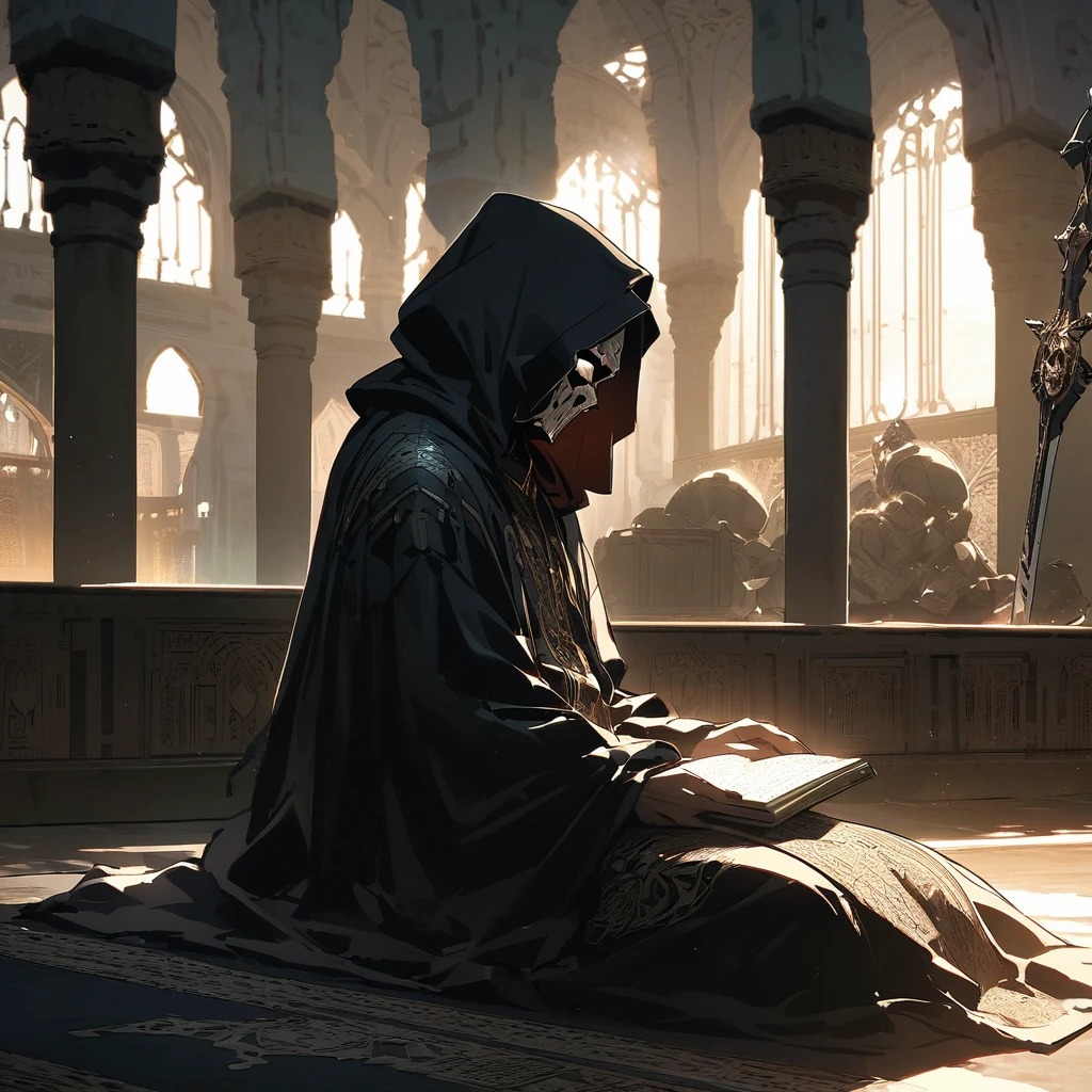 scull face sci fi robot men with dark robe hood sitting reading Quran in mosque. picture was side view. environtment was dark with evening light. look like wise and interligent. look mysterious. nobody around. clearly can see his scull face reading Quran. broad sword beside him on the floor.