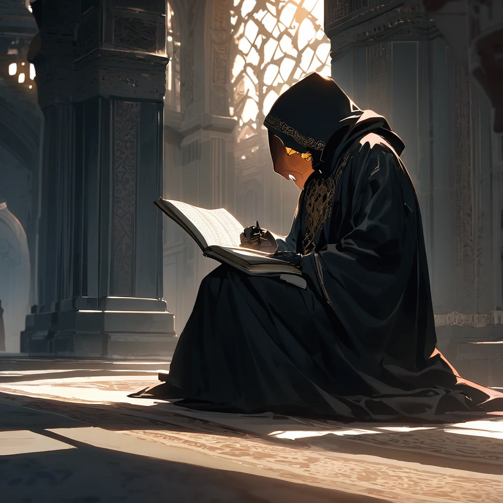 scull face sci fi robot men with dark robe hood sitting reading Quran in mosque. picture was side view. environtment was dark with evening light. look like wise and interligent. look mysterious. nobody around. clearly can see his scull face reading Quran. broad sword beside him on the floor.