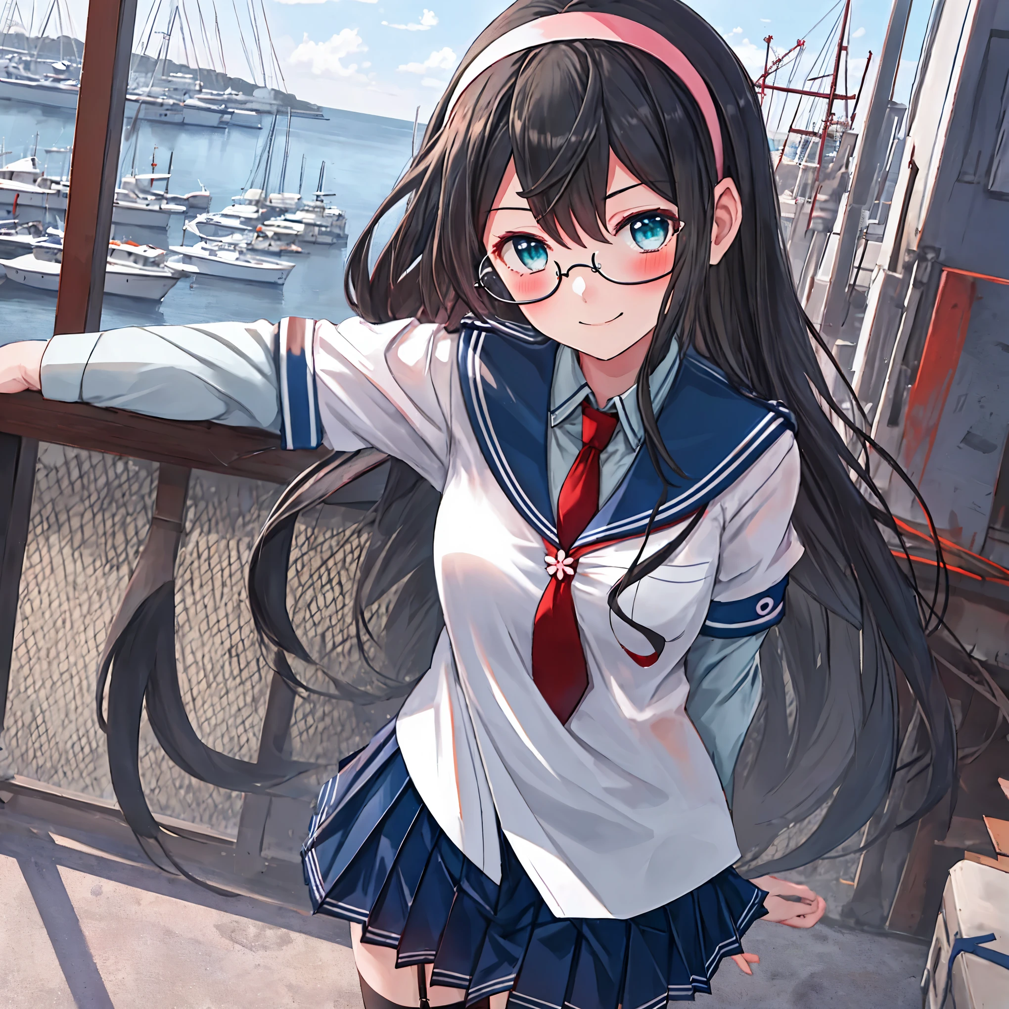 best quality, masterpiece, highres, solo, {ooyodo_kantaicollection:1.15}, black_hair, long_hair, glasses, hairband, semi-rimless_eyewear, under-rim_eyewear, blue_eyes, green_eyes, blush,small_breasts, 1girl, school_uniform, serafuku, pleats_skirt, looking_at_viewer, necktie, harbor_town_background, red_necktie,(angry:0.7),smile,,thigh-highs,solo