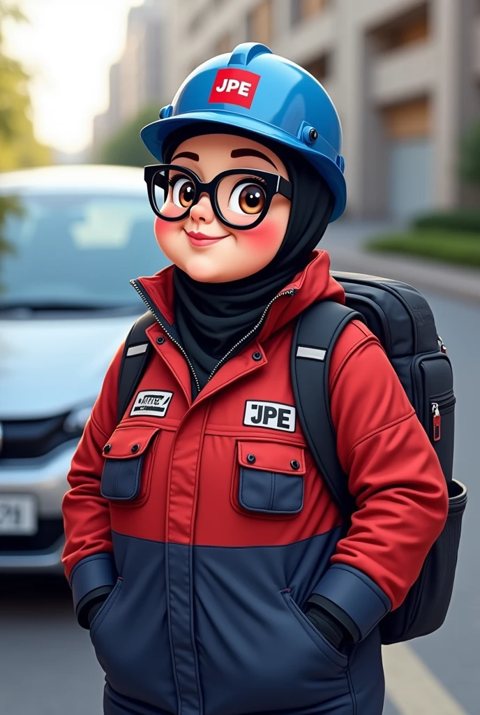 chubby fat girl with glasses wearing black hijab. wearing red and dark blue oil and gas coverall. black backpack, blue helmet with JPE logo font in red. modified silver honda jazz gk5 2018 background. cartoon.