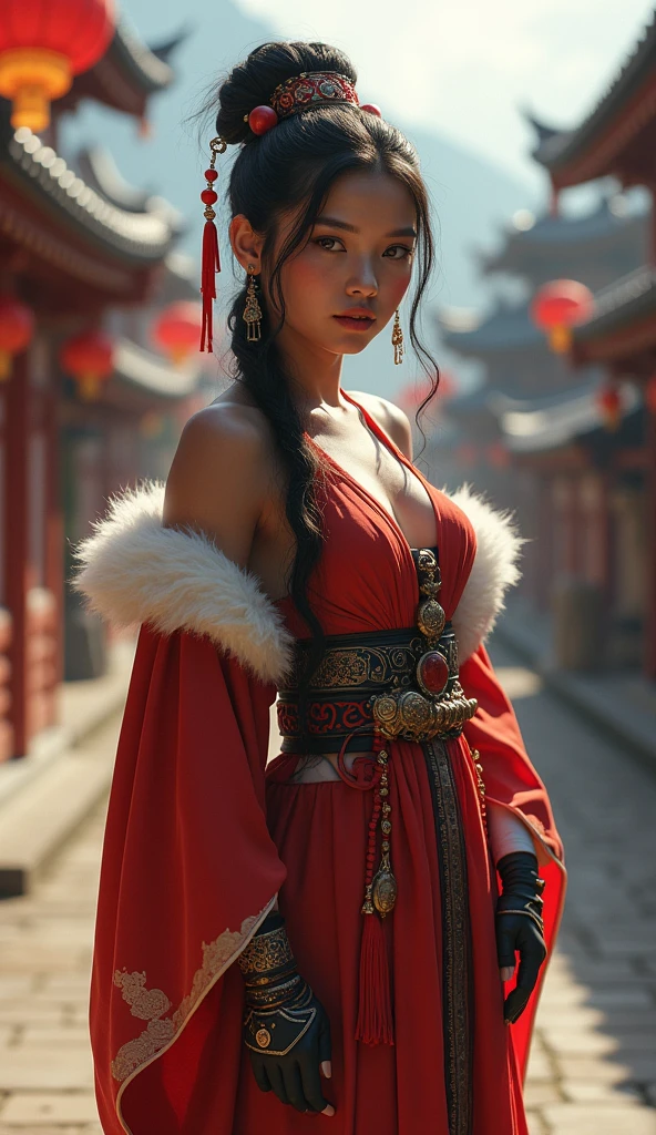 1girl, volumetric light, (bright scene:1.5), perfect lighting, village,  depth of field, bokeh ,hair ornament,  (huge breast:1.5) photography, masterpiece, best quality,HDR, highres,realistic details,40K, HDR, highres,
icestylesamurai, dark skin, gloves, wide sleeves, , tassel, sash, fur trim, perfect ass, thick thighs, pants,