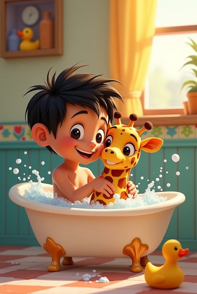 Latino boy bathing a stuffed giraffe, pixar style drawing